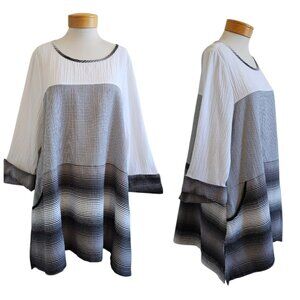 Moon Light Textured Check Striped Oversized Lagenlook Flowy Artsy Tunic Top XXL